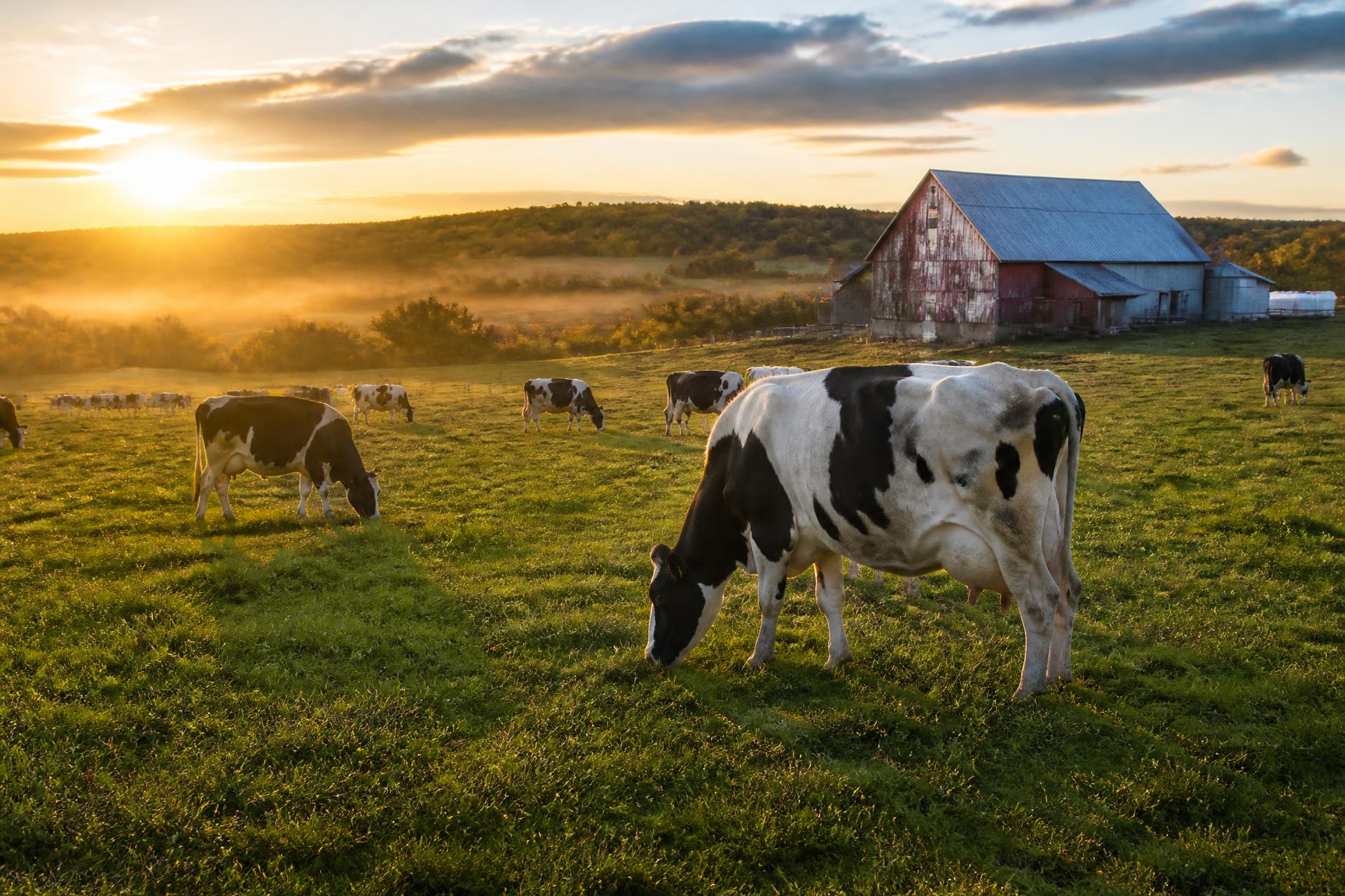 Troupeau de bovins au pâturage devant une grange, au lever du soleil, dans un paysage agricole (image représentative)